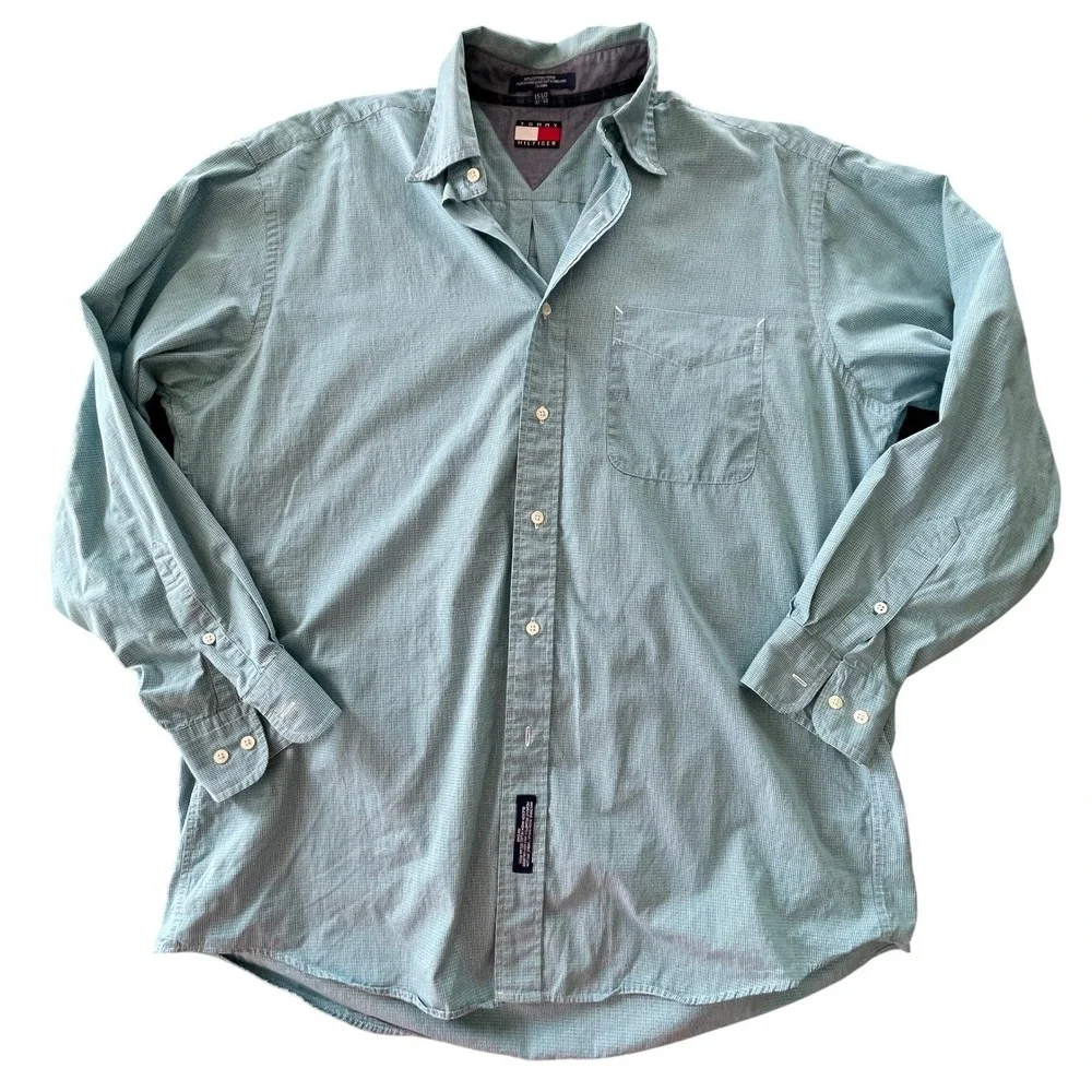Tommy Hilfiger Button Down Shirt Mens L Green Long Sleeve Y2K Preppy Vintage